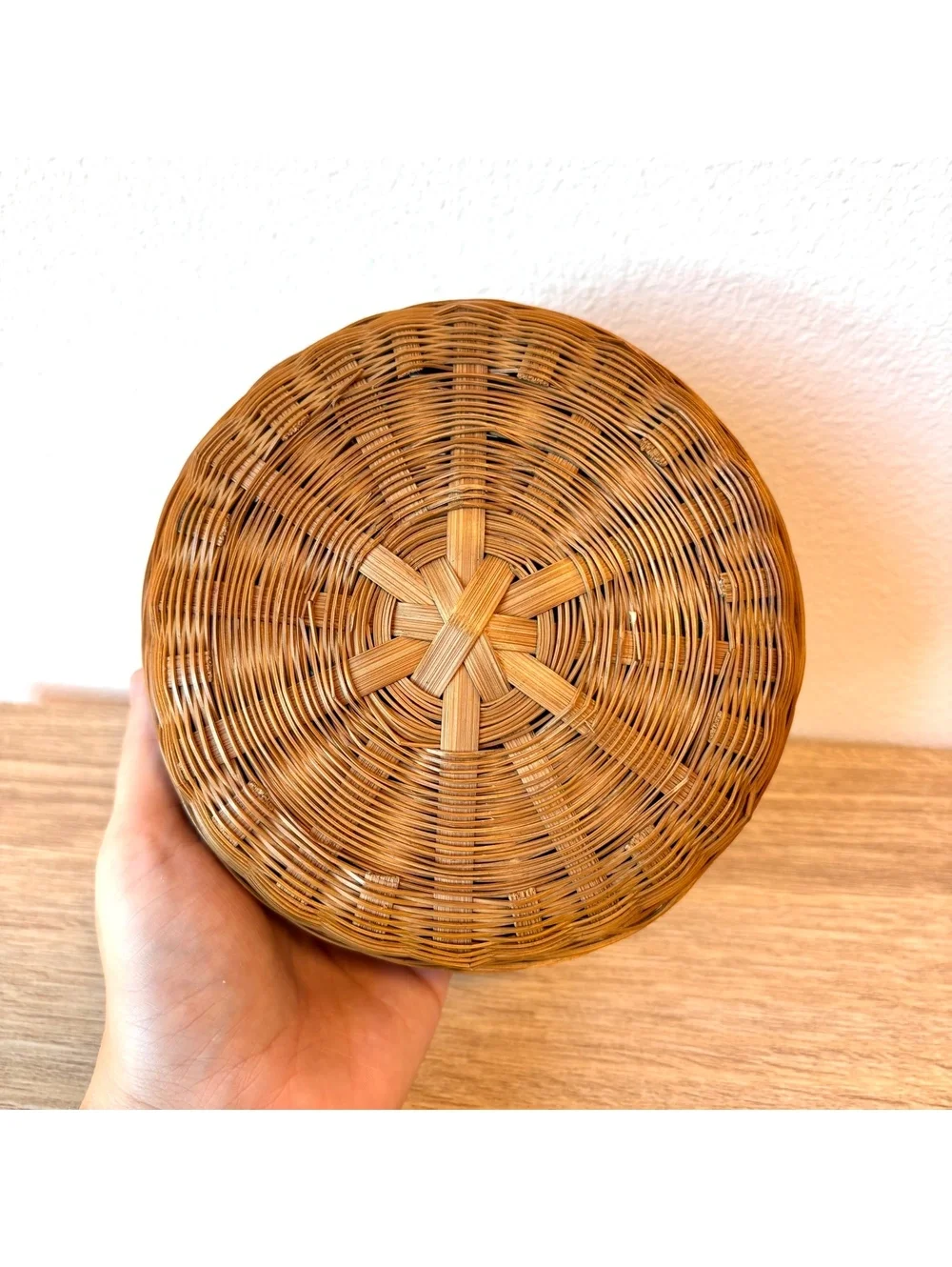 Woven Trinket Box Lidded Basket Colorful Bead Accents Boho Decor Rattan Bamboo